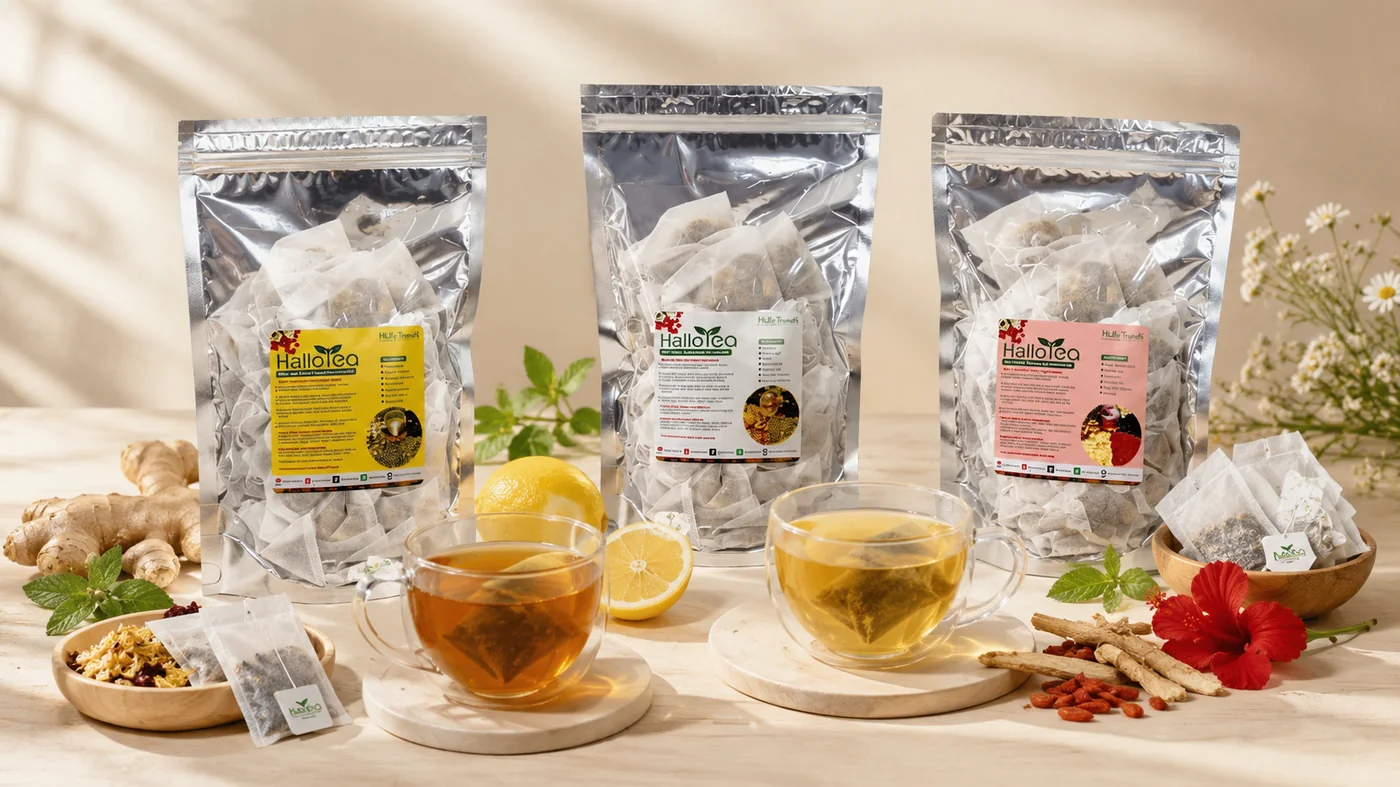 Produk Hallo Tea dan cawan teh