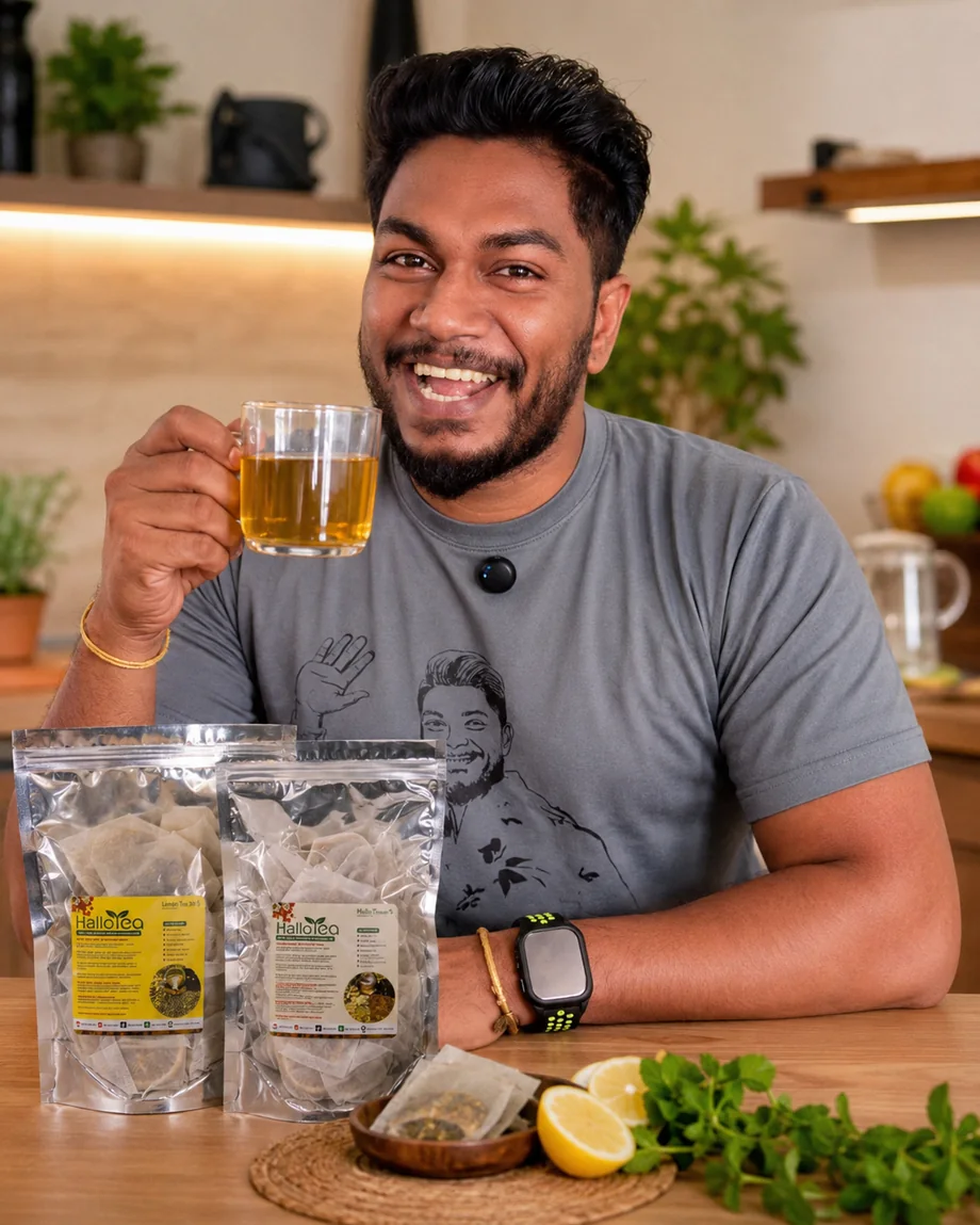 Founder enjoying Hallo Tea at home