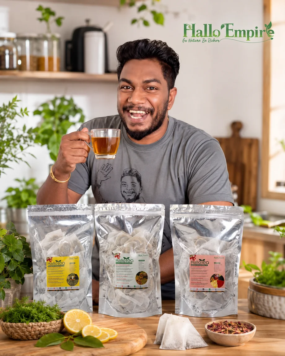 Founder Halloempire holding herbal tea with products