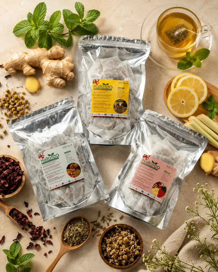 Herbal ingredients and Hallo Tea products
