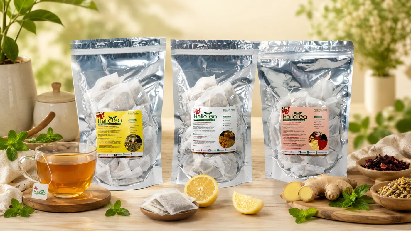 Silver pouch Hallo Tea herbal tea products with tea cup